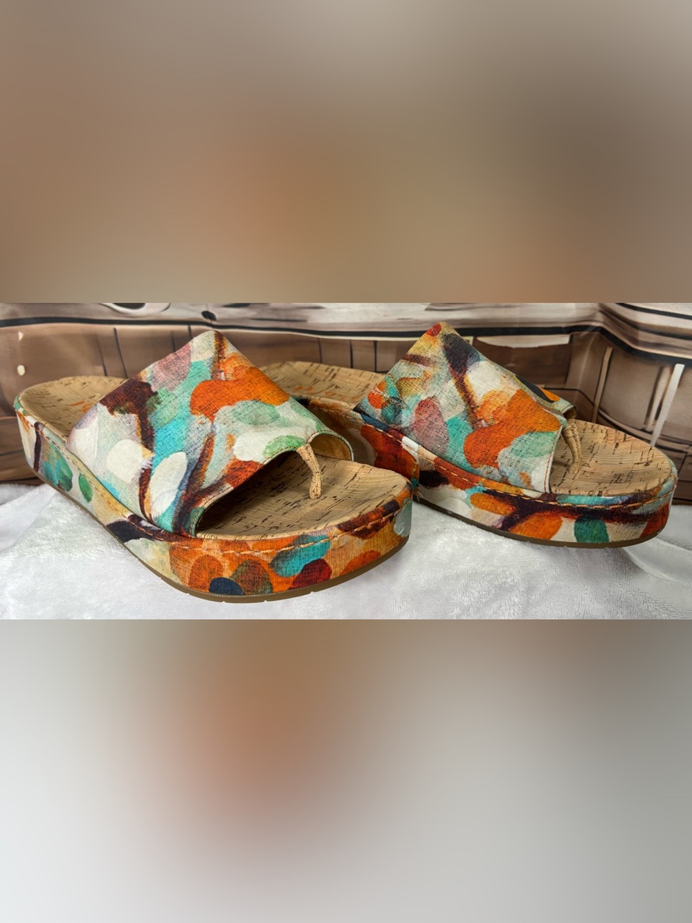 Born Sharr Multicolor Fabric Platform Slide Sandals Cork Wedge Women's Size 10 - Picture 3 of 16